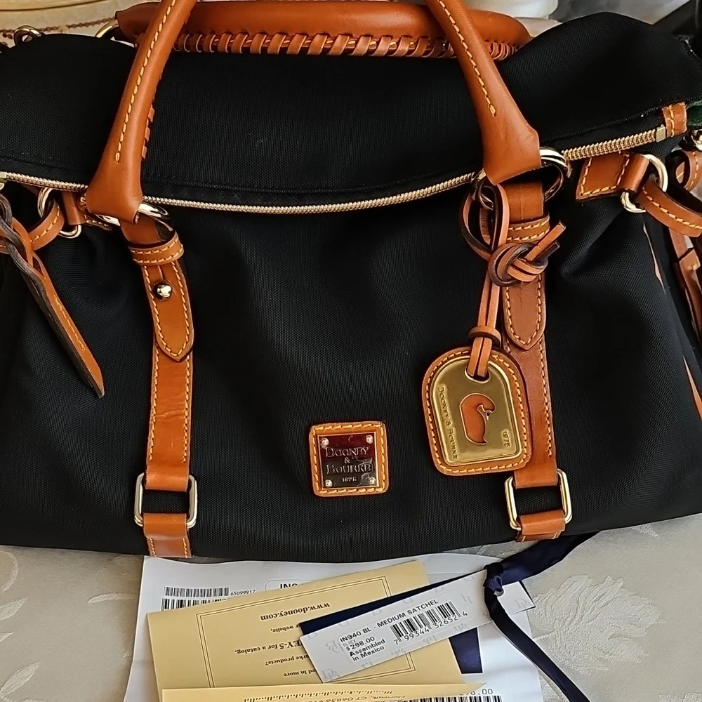 Dooney & Bourke Medium Black Canvas and Brown Leather Trim Satchel - Picture 1 of 13